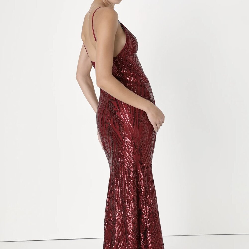 NWT Lulus Ever So Elegant Shiny Burgundy Sequin Mermaid Maxi Dress - Picture 2 of 9